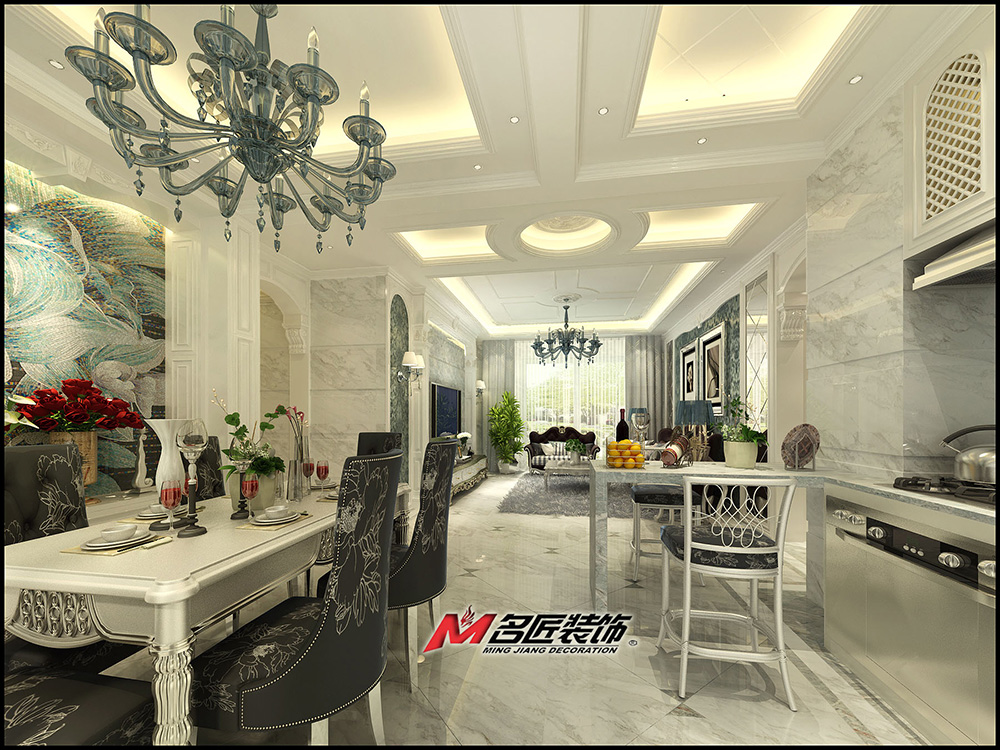 簡歐風(fēng)格室內(nèi)裝修效果圖-時代水岸三居111平米-室內(nèi)餐廳裝修設(shè)計(jì)