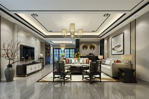 ?？谑袨I江花園新中式風(fēng)格三居室裝修案例